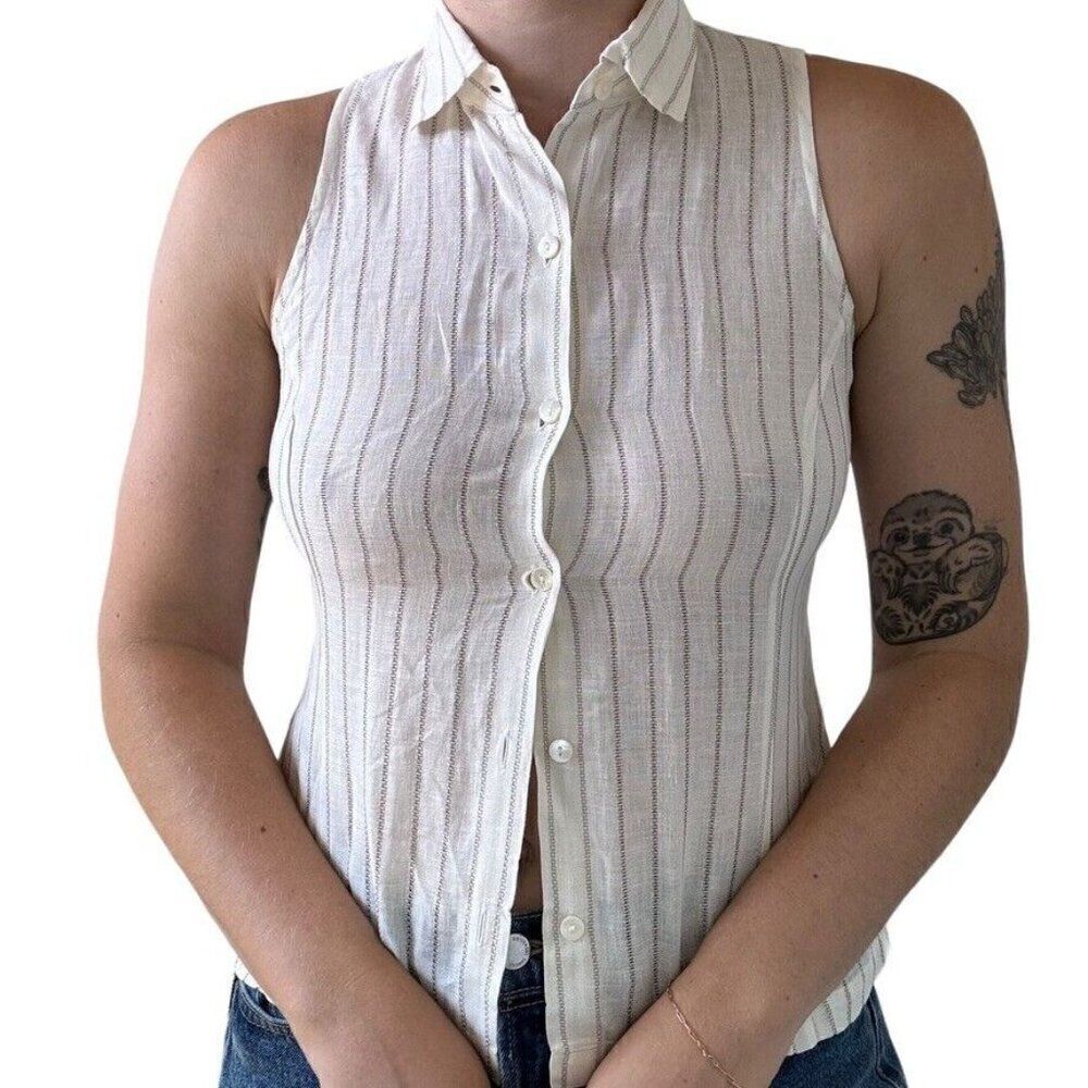 Guy Rover Womens White Striped 100% Linen Flax Sleeveless Tank Blouse Sz S
